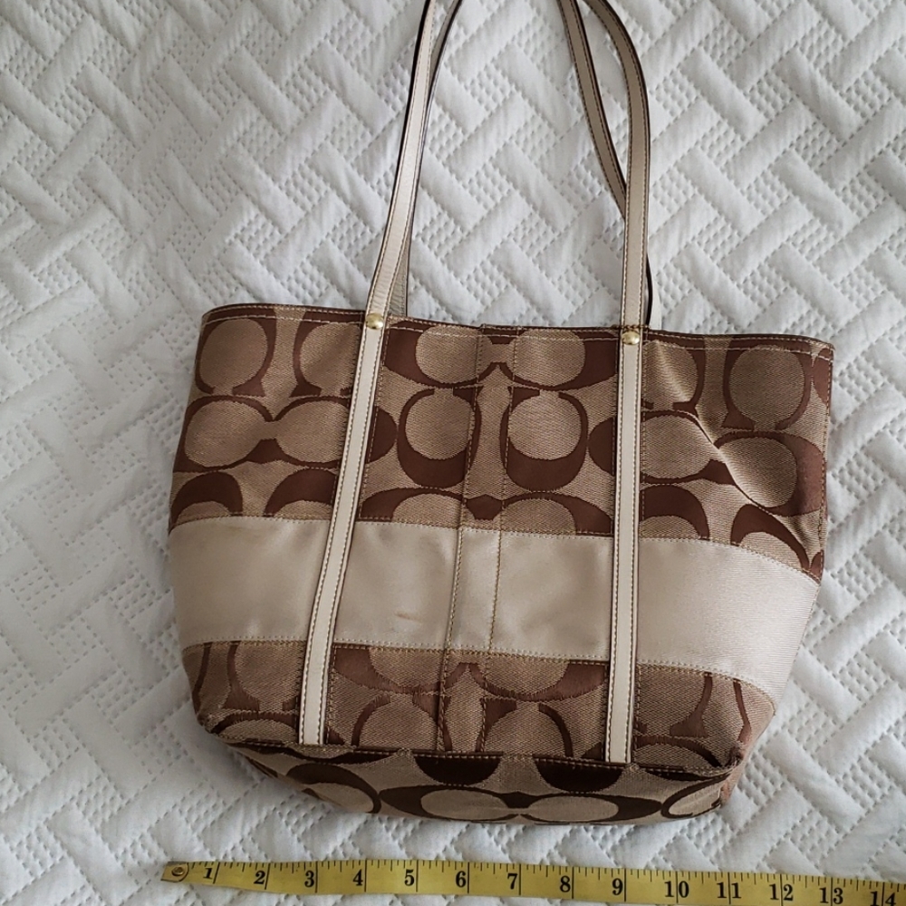 Y2k Authentic Coach Brown Signature Monogram Canvas Tote Shoulder Bag Leather St